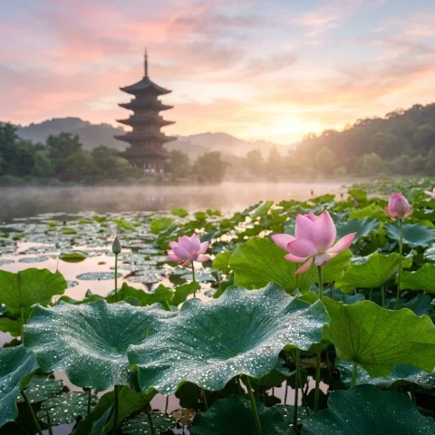 Dewy Lotus Sunrise Landscape — Nano Banana 2 AI Prompt: masterpiece, realistic photo, landscape, Dewy lotus leaves, sparkling droplets,...