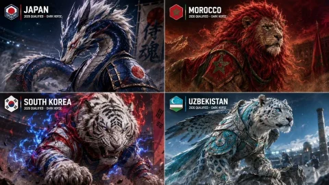 World Cup Dark Horse Teams Visualization — Nano Banana 2 AI Prompt: 2x2 grid, do this for 4 dark horse teams that qualified for World Cup 2026, 16:9...