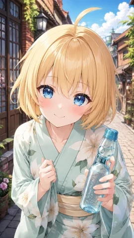 Blonde Yukata Girl Holding Ramune — Nano Banana 2 AI Prompt: Create a vertical 9:16 anime-style illustration of Hikari, a cheerful young woma...