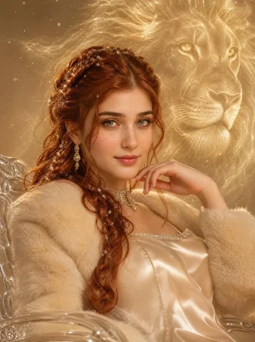 Product Marketing - Surreal Fashion Portrait with Guardian Spirit — Nano Banana 2 AI Prompt: Close-up surreal fashion portrait of a young woman seated on a transparent acryl...