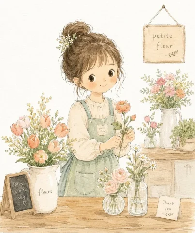 Comic / Storyboard - Soft Watercolor Children's Book Illustration — Nano Banana 2 AI Prompt: soft children’s book illustration of a cute girl in a flower shop, simple rounde...