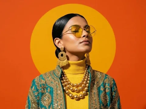Social Media Post - Photorealistic South Asian Woman in Retro Sun Setting — Nano Banana 2 AI Prompt: Create a photorealistic South Asian woman with sleek dark hair pulled back, wear...