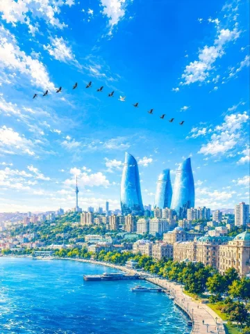 Social Media Post - Baku Flame Towers Aerial Scene — Nano Banana 2 AI Prompt: A journey looking down at the Flame Towers. Baku, the capital of Azerbaijan. A f...