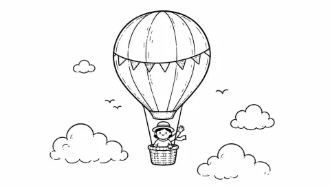 Infographic / Edu Visual - Hot Air Balloon Coloring Page — Nano Banana 2 AI Prompt: Create a clean black-and-white coloring-book line drawing on a wide horizontal w...