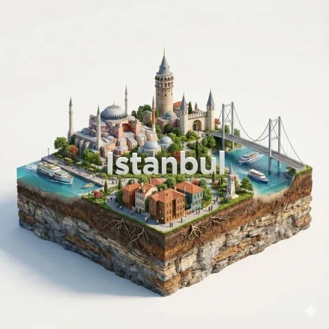 Product Marketing - 3D Miniature City Diorama — Nano Banana 2 AI Prompt: A hyper-realistic 3D square display of Istanbul; the bottom shows an excavated t...