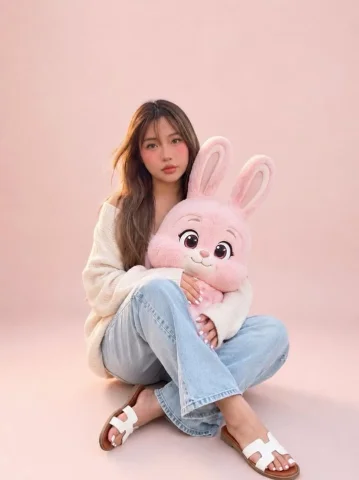 Social Media Post - Portrait with Cartoon Pink Rabbit — Nano Banana 2 AI Prompt: Photorealistic full-body portrait of a young person in a soft oversized cream sw...
