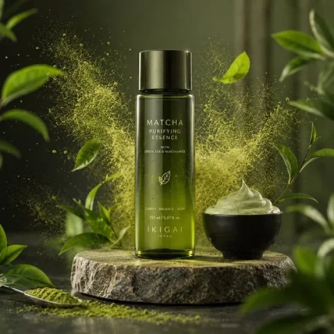 Product Marketing - Matcha Skincare Product Ad — Nano Banana 2 AI Prompt: Premium green bottle placed on stone podium, surrounded by matcha powder clouds,...