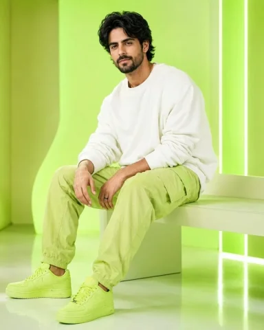 Social Media Post - Minimalist Indian Male Streetwear — Nano Banana 2 AI Prompt: Ultra-realistic fair handsome young Indian man sitting on a modern minimalist be...
