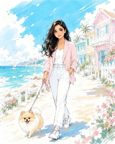 Comic / Storyboard - Seaside Sketch Style Anime Illustration — Nano Banana 2 AI Prompt: Lighthearted sketch-style anime aesthetic, a woman walking along the seaside wit...