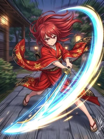 Comic / Storyboard - Anime Action Girl in Kimono — Nano Banana 2 AI Prompt: Illustration of a girl, medium-length red hair, red eyes, wearing a kimono. Draw...