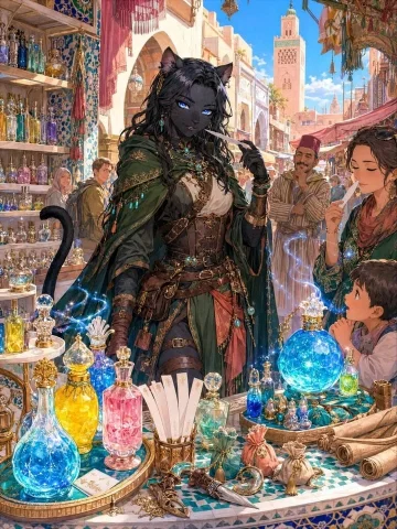 Comic / Storyboard - The Night Perfumer Laila — Nano Banana 2 AI Prompt: 【The shopkeeper who came from another world】 The night perfumer who wandered i...