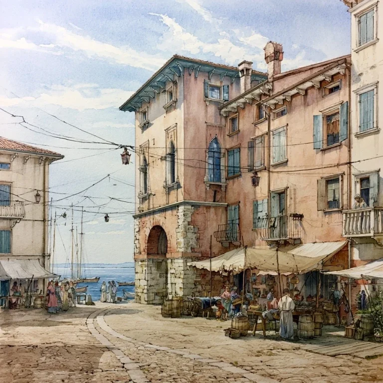 Medieval Lake Garda Market Watercolor