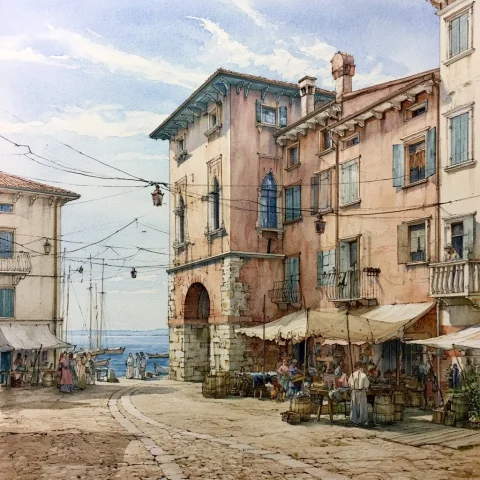 Medieval Lake Garda Market Watercolor — Midjourney v6 AI Prompt: Crea un disegno all'acquarello chiaro d'epoca di uno scorcio del 1300 a Desenzan...