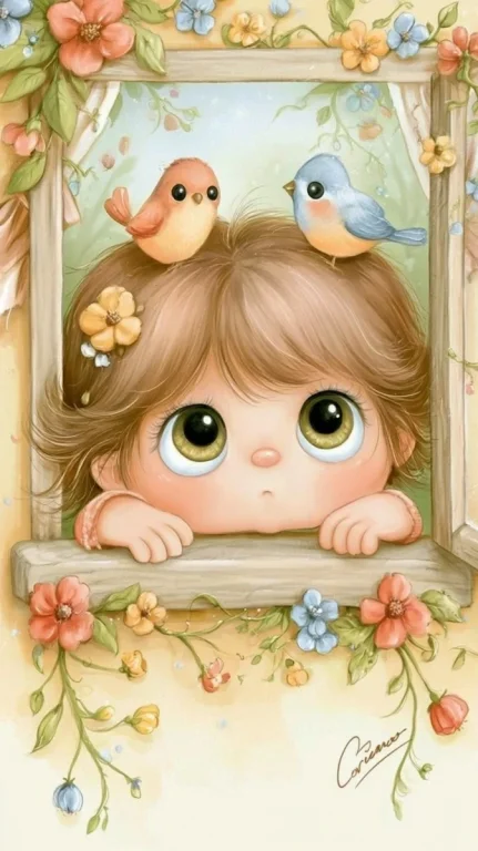 Girl Watching Birds From Flowered Window