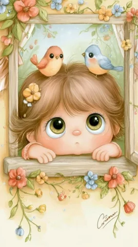 Girl Watching Birds From Flowered Window — Midjourney v6 AI Prompt: Una niña se asoma a una ventana observando unos pájaros entre flores de colores....