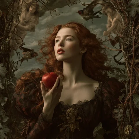 Girl With Red Apple and Vine Angels — Midjourney v6 AI Prompt: At the edges of the composition, graceful angels drift among the vines, framing...