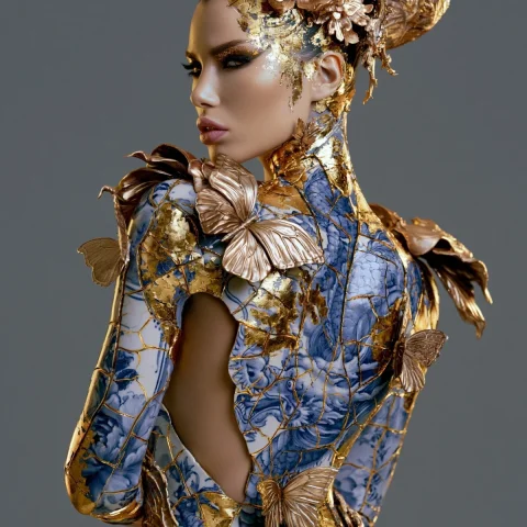 Kintsugi Porcelain Back With Dragon Tattoo — Midjourney v6 AI Prompt: half body composition of a beautiful, model with Delft blue dragon tattoo om her...