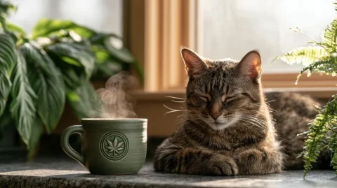 Tabby Cat With Morning Coffee — Midjourney v6 AI Prompt: Ultra detailed tabby cat enjoying a tranquil morning beside a steaming handcraft...