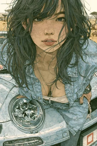 Manga Woman With Silver Sports Car — Midjourney v6 AI Prompt: 日本の漫画風イラスト。イラストレーション。フルカラー。ひとりの美しい女性。日本人...