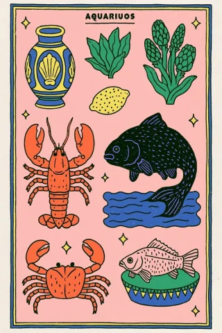 Retro Aquarius Astrology Poster — Midjourney v6 AI Prompt: minimal illustration with bold yellow details and simple typography, clean retro...