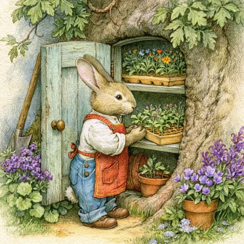 Bunny Gardener in Tree Greenhouse — Midjourney v6 AI Prompt: imagine a bunny with long ears in a gardening apron. The bunny is inside a tree...
