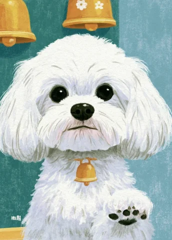 Cute Dog With Golden Bells — Midjourney v6 AI Prompt: illustration of cute dog Portrait, Wearing golden bells, One paw is stretched fo...