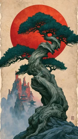 Ancient Bonsai Against Red Sun — Midjourney v6 AI Prompt: Ancient bonsai tree with twisted wood grain and sculptural curves, towering agai...