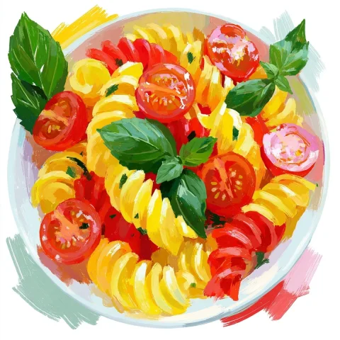 Colorful Pasta Plate Brush Illustration — Midjourney v6 AI Prompt: Delicious colorful plate of pasta, fully in view. White background. Realistic mo...