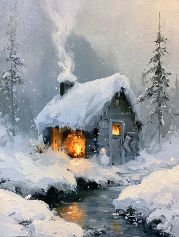 Snowy Cabin With Fireplace Glow