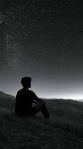Lone Man Beneath Starry Universe — Midjourney v6 AI Prompt: a man alone in the dark watch the universe in the sky, all illuminates stars, be...