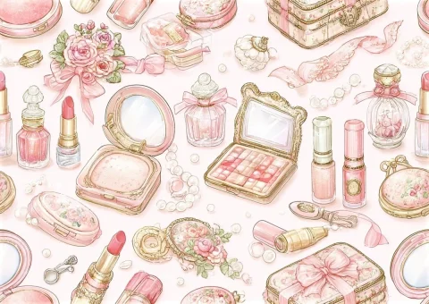 Scattered Pastel Cosmetics Pattern — Midjourney v6 AI Prompt: milky pastel pink background, cute cosmetic items scattered extremely widely acr...