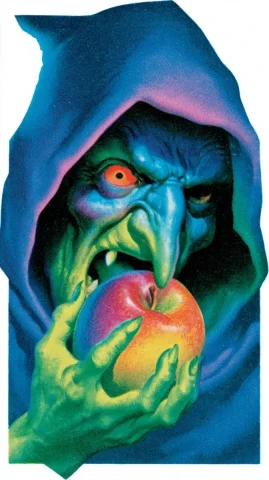 Pulp Trading Card Witch With Poison Apple — Midjourney v6 AI Prompt: Vintage Topps trading card-inspired vintage 1960s pulp comic art of the portrait...