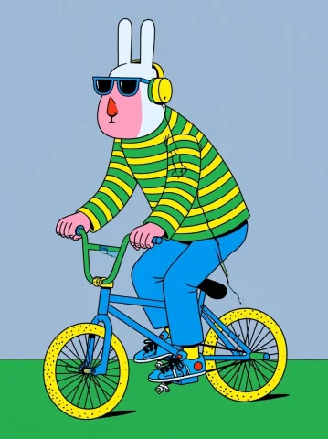 90s Pop Art Rabbit on BMX — Midjourney v6 AI Prompt: Design an image of RABBIT wearing sunglasses and headphones, full body shot, rid...