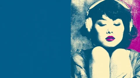 Cerulean Risograph Headphone Girl Poster — Midjourney v6 AI Prompt: 20-year-old Japanese woman wearing headphones, eyes closed, natural relaxed pose...