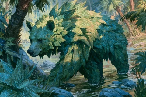 Feywild Aloe Bear in Magic Shallows — Midjourney v6 AI Prompt: a fantasy art painting drawing depicting a Fey Wild chaotic mamal bear like crea...