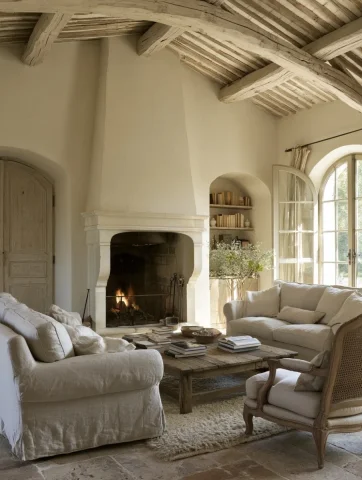Sunny French Cottage Living Room — Midjourney v6 AI Prompt: elegant slightly nostalgic french cottage style livingroom country house, minima...