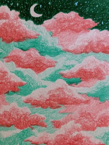 Crayon Great Wave Meets Starry Night — Midjourney v6 AI Prompt: clouds inspired by the great wave and starry night but made with crayons in red...