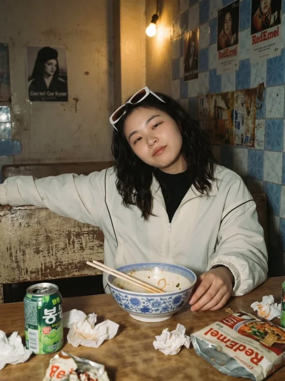 Woman in white track jacket eats ramen with wooden chopsticks