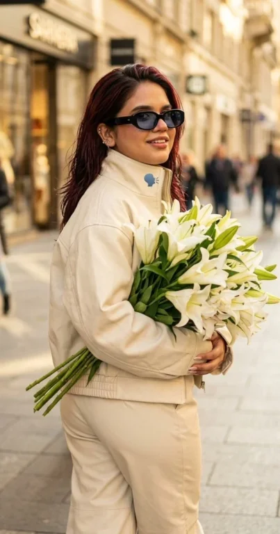Sunlit girl in profile hugs a bouquet of white lilies