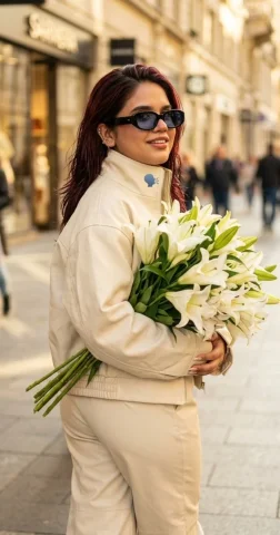 Sunlit girl in profile hugs a bouquet of white lilies — Nano Banana 2 AI Prompt: **Create a portrait without changing facial features.** Close-up in profile: a...