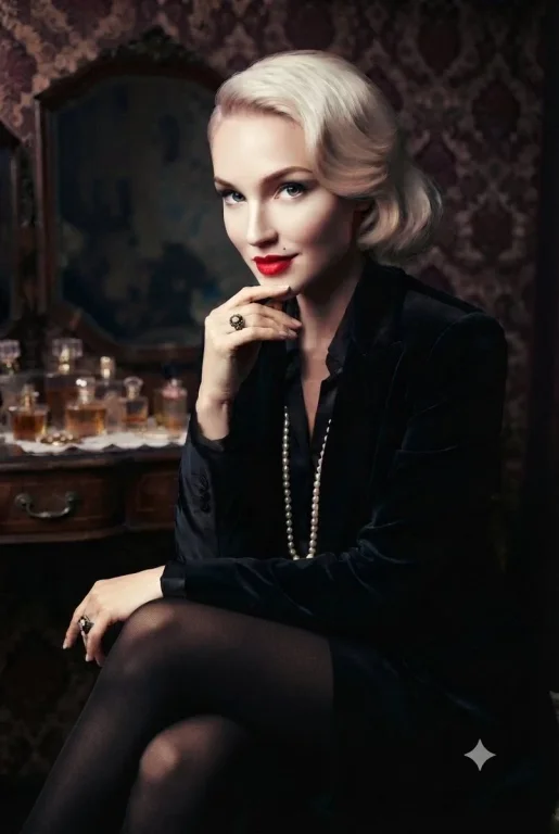Platinum blonde woman poses in velvet blazer with pearls and red lips