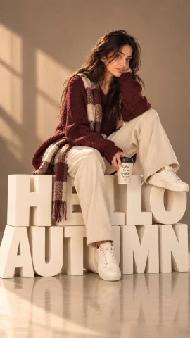 Stylish Woman Poses on 3D HELLO AUTUMN Letters in Studio — Nano Banana 2 AI Prompt: Use my uploaded female face as the ONLY identity reference for the main subject....