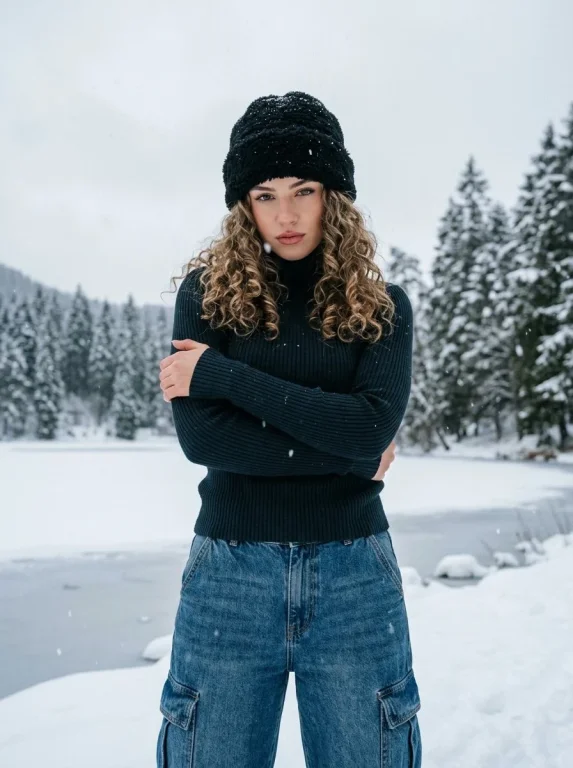 Woman in black turtleneck stands amid snowy forest by lake