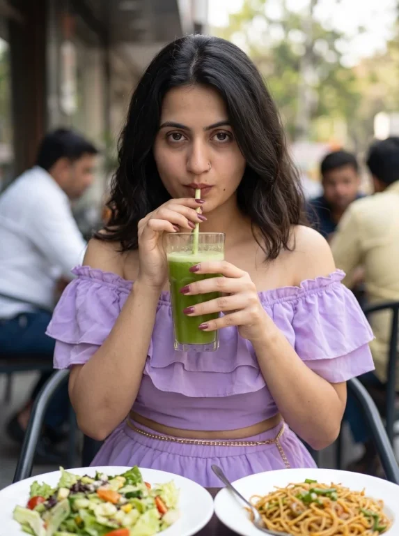 Young Woman Sips Green Juice at Outdoor Cafe Table