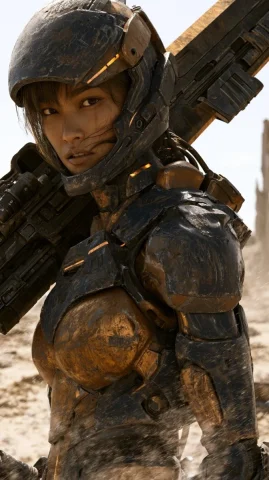 Warrior With Mecha Buster Sword — Midjourney v6 AI Prompt: A gritty photorealistic close-up portrait of a battle-hardened Asian female warr...
