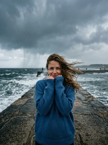Blonde woman in blue sweater smiles on stormy pier — Nano Banana 2 AI Prompt: A cinematic photo of the uploaded dark blonde pretty German woman on a stormy, g...