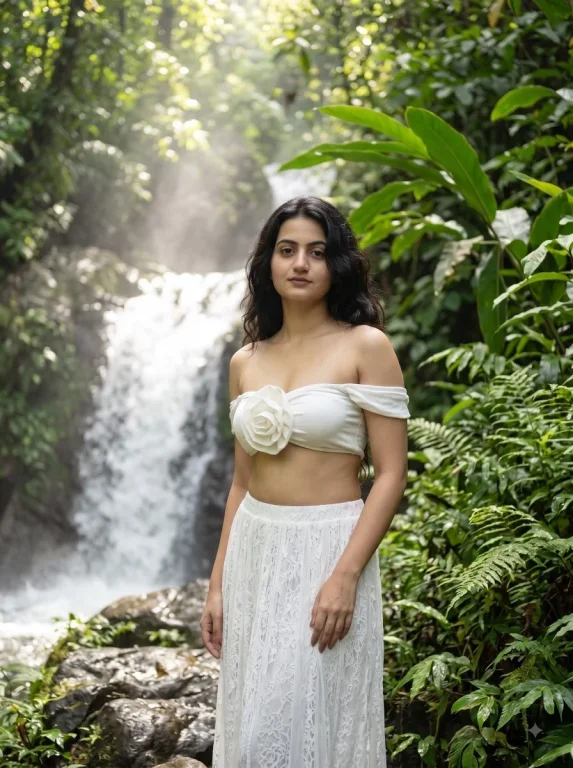 Serene Woman Standing Before Lush Jungle Waterfall in White Lace