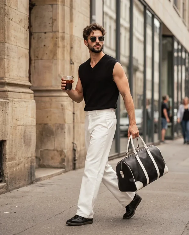 Confident man walks European street with iced coffee and duffel bag