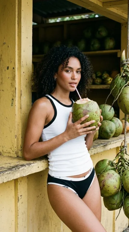 Sun-warmed woman holds green coconut at tropical yellow stand