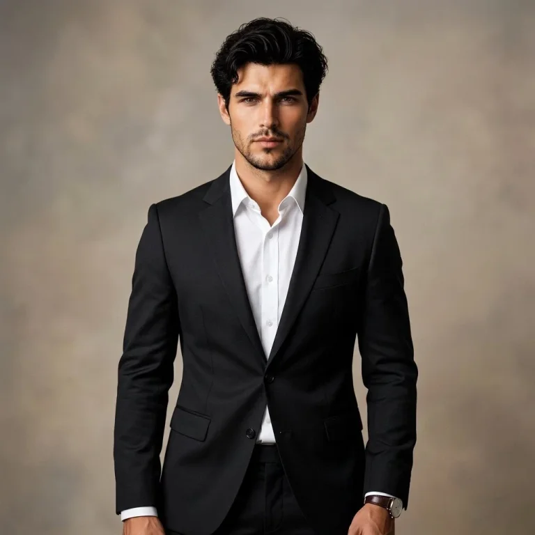 Confident man in tailored black blazer stands in luxurious interior